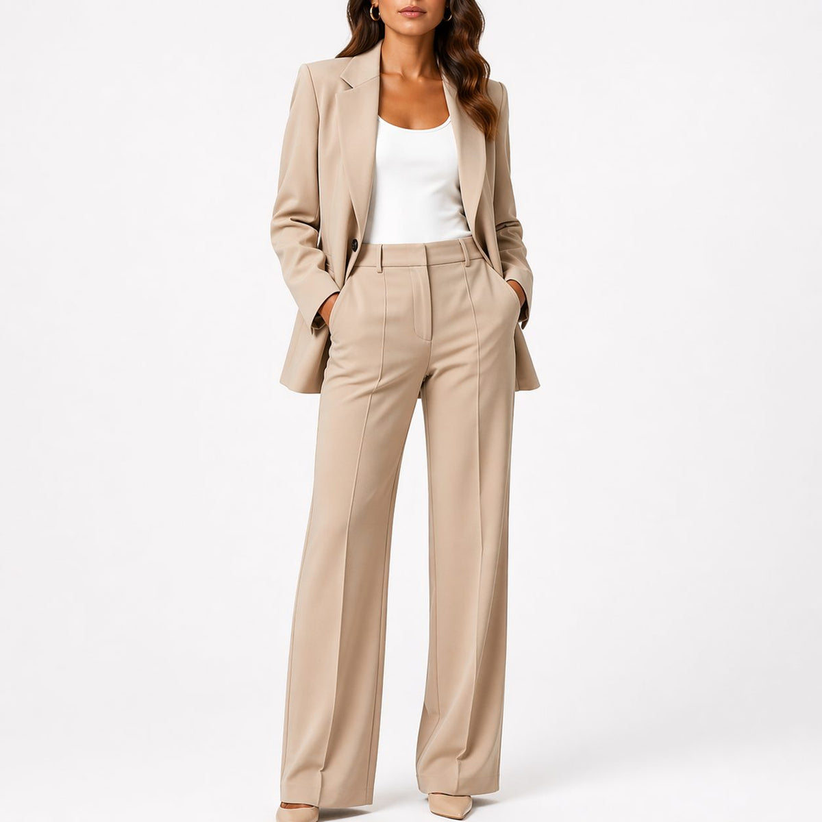 Straight Leg Blazer Set for Women - Beige