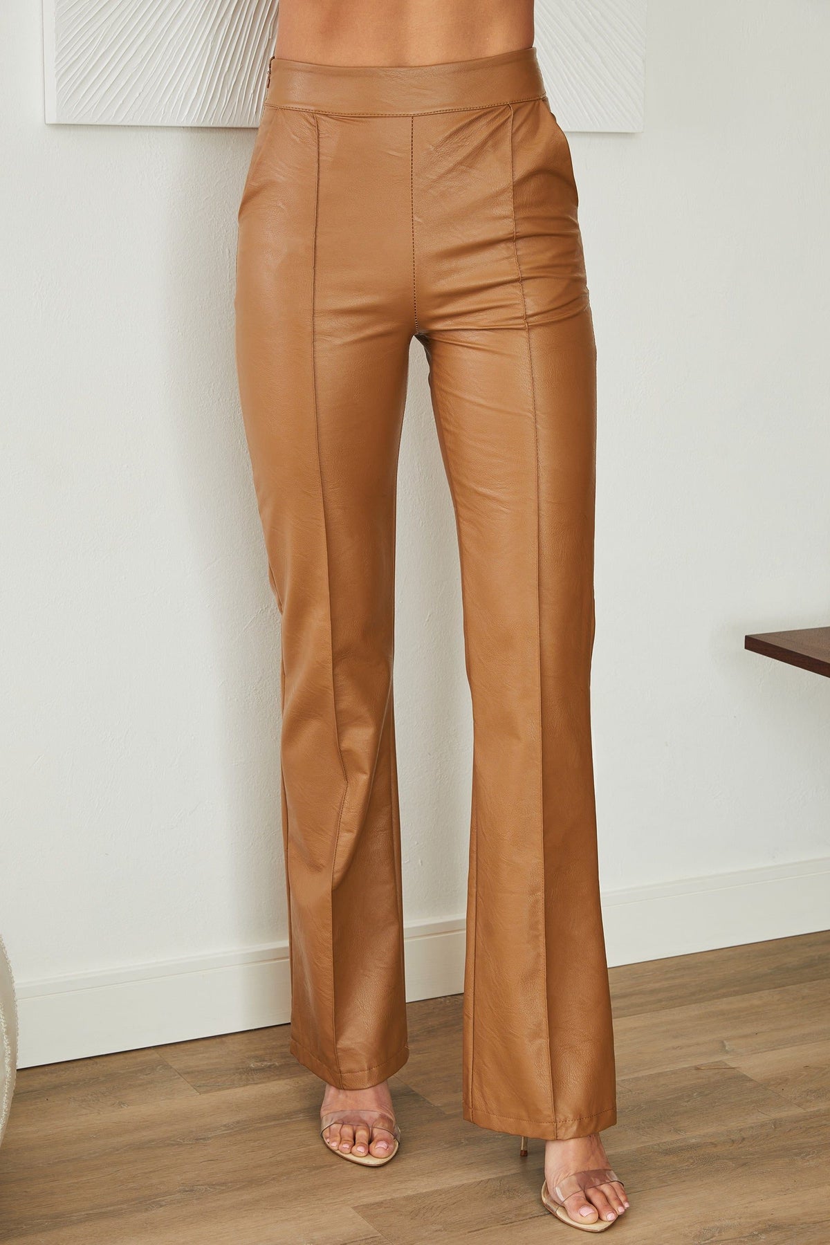 Straight Leg Faux Leather Trousers for Women - Camel