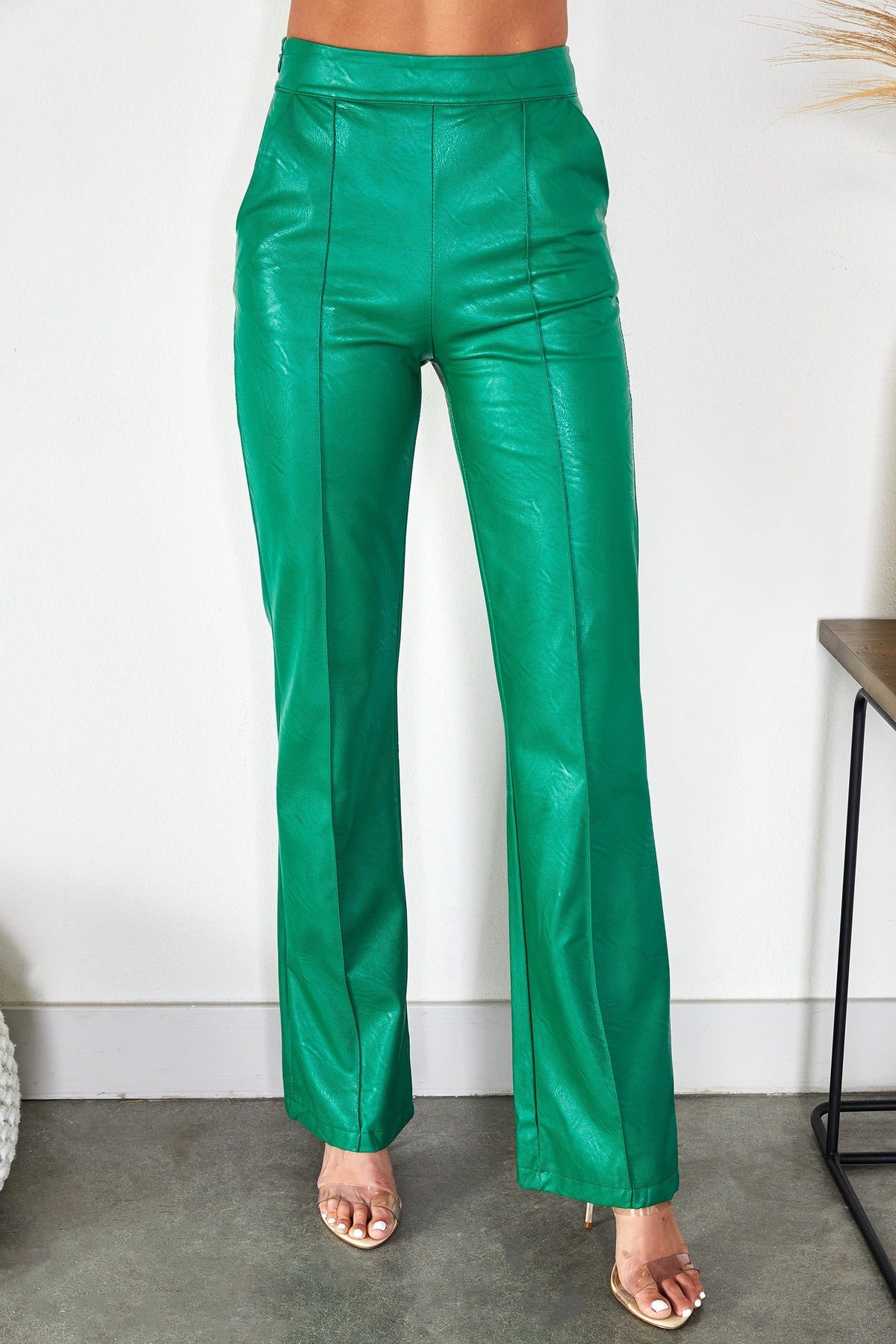 Straight Leg Faux Leather Trousers for Women - Kelly Green