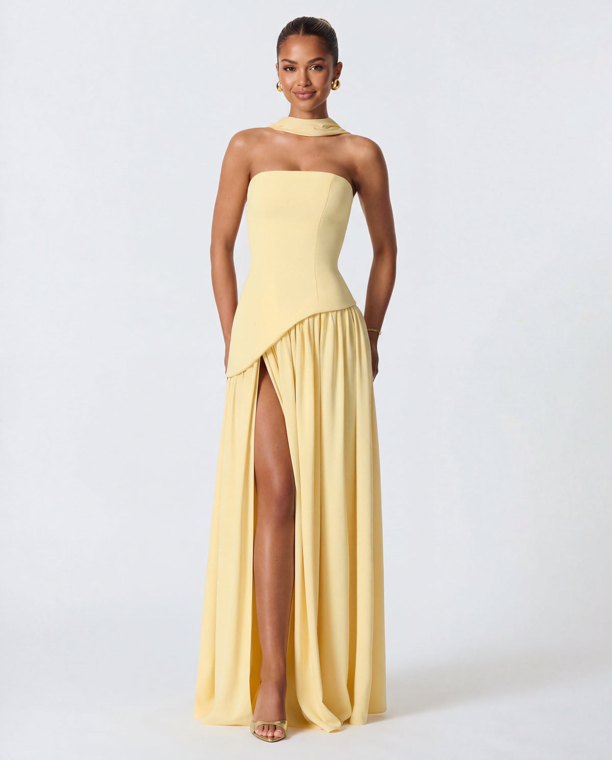 Strapless Corset High Split Maxi Dress for Women - Butter Yelow