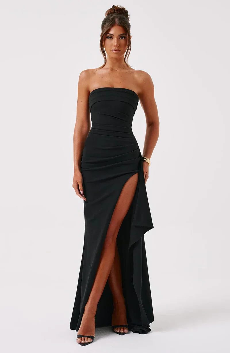 Strapless Maxi Cocktail Dress with Leg Split for Women - Black