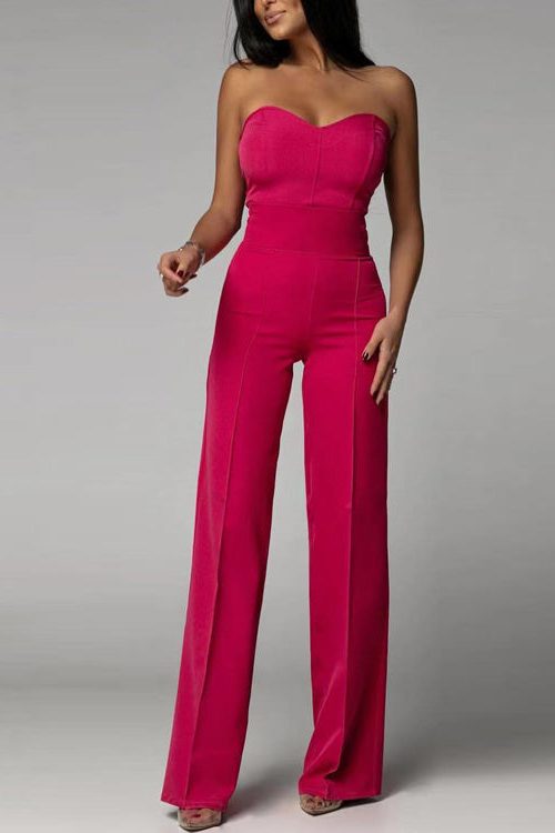 Strapless Wide Leg Jumpsuit for Women - Czerwony