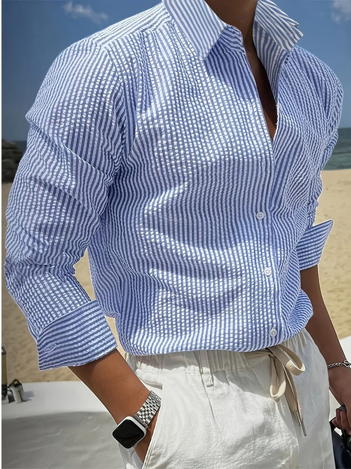 Striped Lapel Long-Sleeve Shirt for Women - Blue