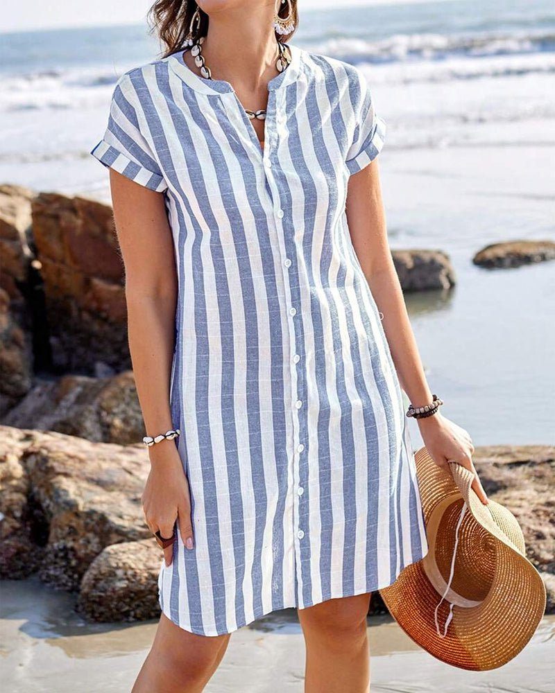 Striped Linen Short Sleeve Shirt Dress for Women