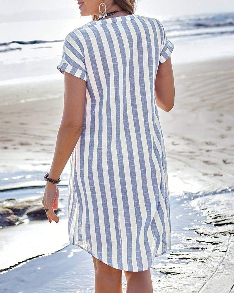 Striped Linen Short Sleeve Shirt Dress for Women - View 2
