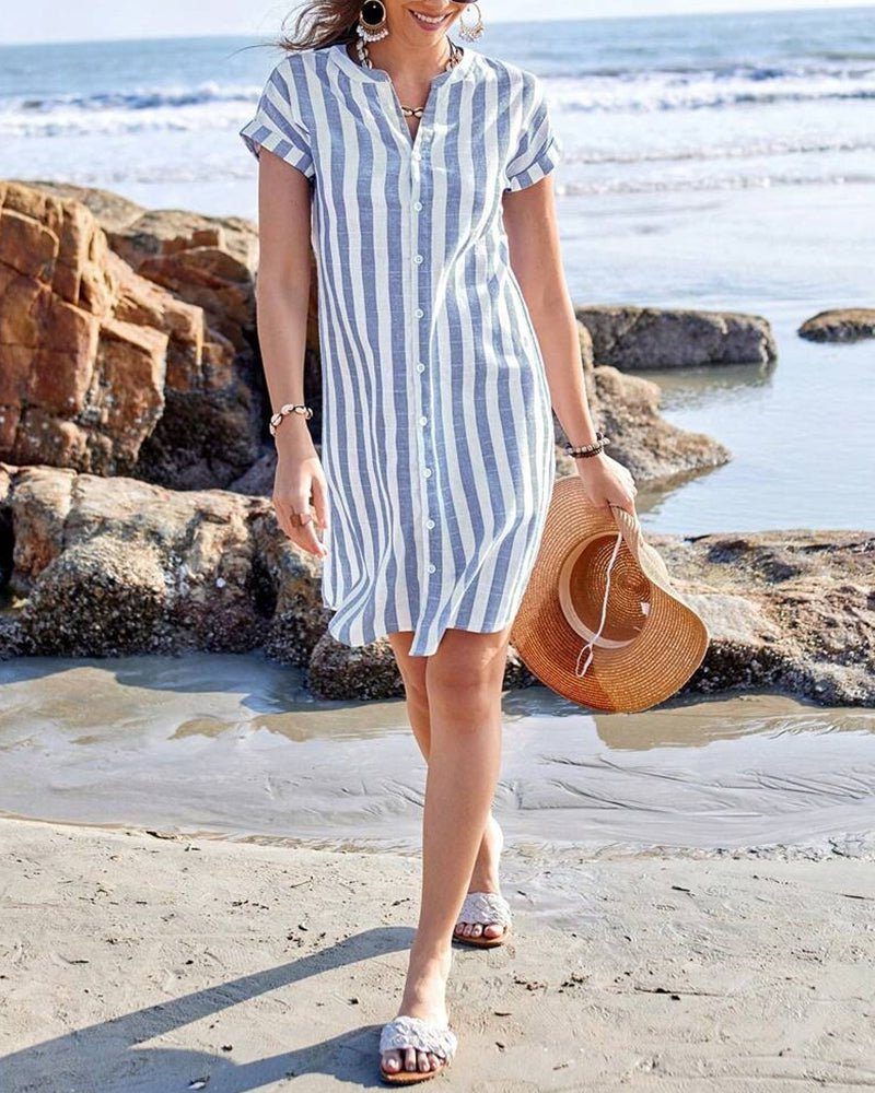 Striped Linen Short Sleeve Shirt Dress for Women - View 3