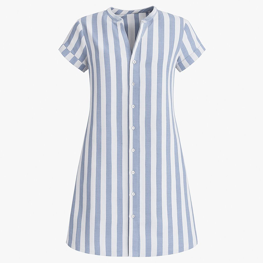 Striped Linen Short Sleeve Shirt Dress for Women - View 4