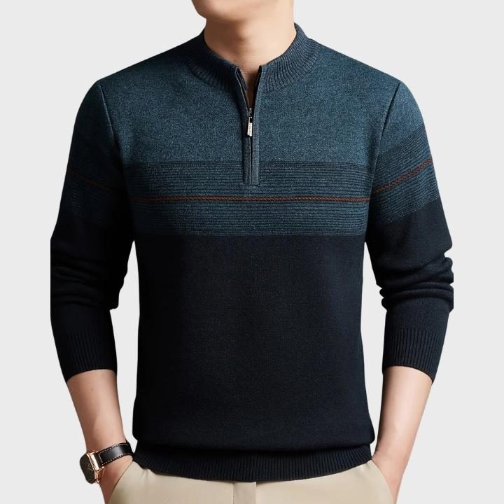Striped Quarter-Zip Crew Neck Jumper for Men - Blue