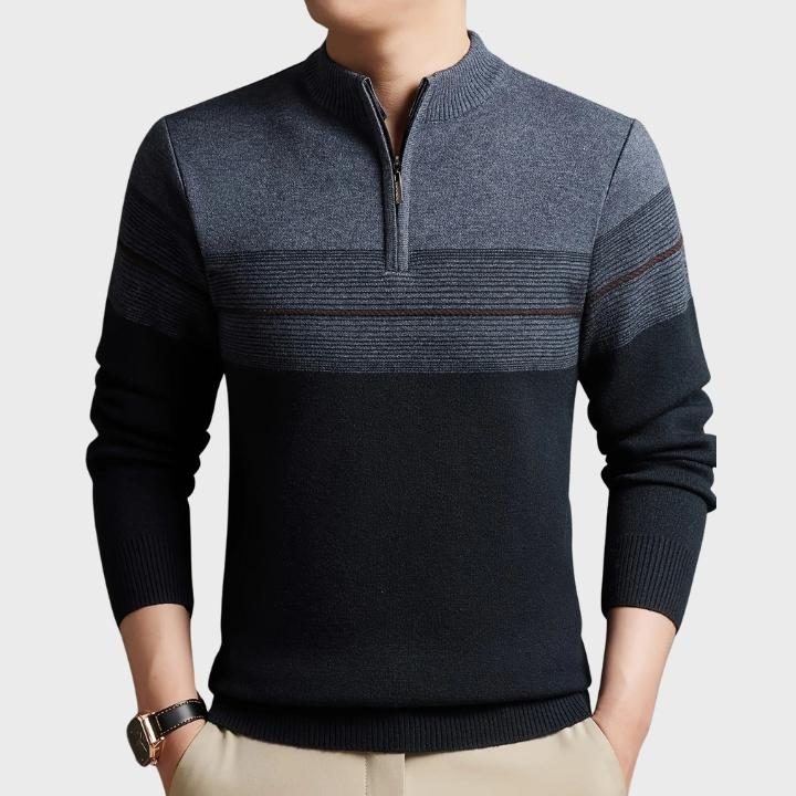 Striped Quarter-Zip Crew Neck Jumper for Men - Grey