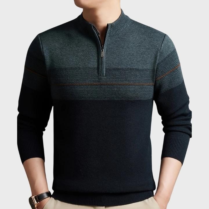 Striped Quarter-Zip Crew Neck Jumper for Men - Green