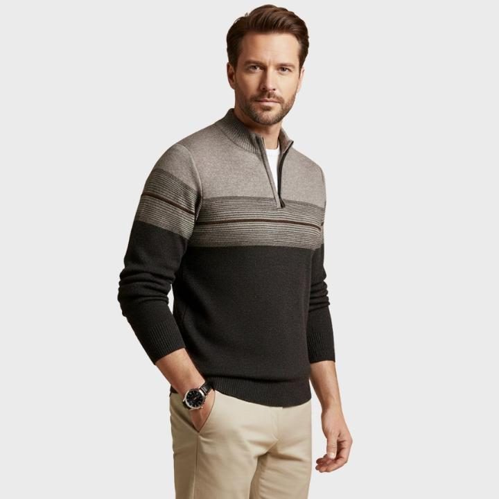 Striped Quarter-Zip Crew Neck Jumper for Men - View 4