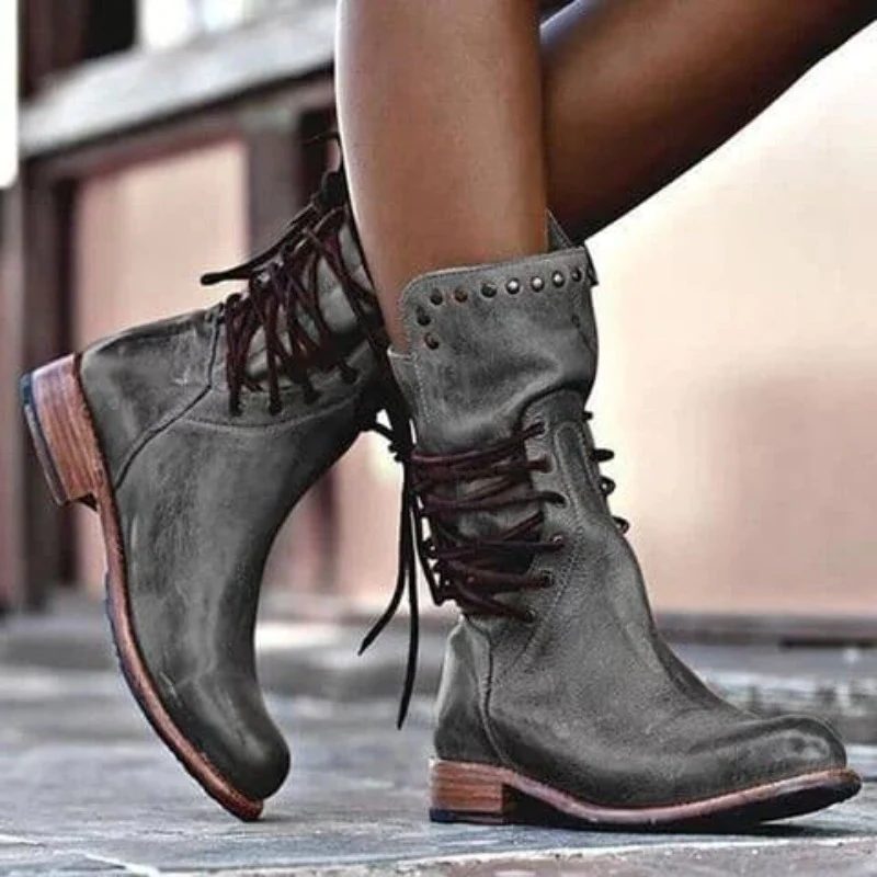 Studded Cuff Lace-Up Leather Ankle Boots with Block Heel for Women