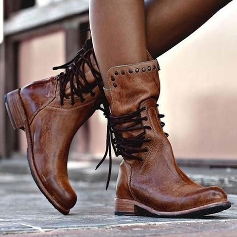 Studded Cuff Lace-Up Leather Ankle Boots with Block Heel for Women - Brown