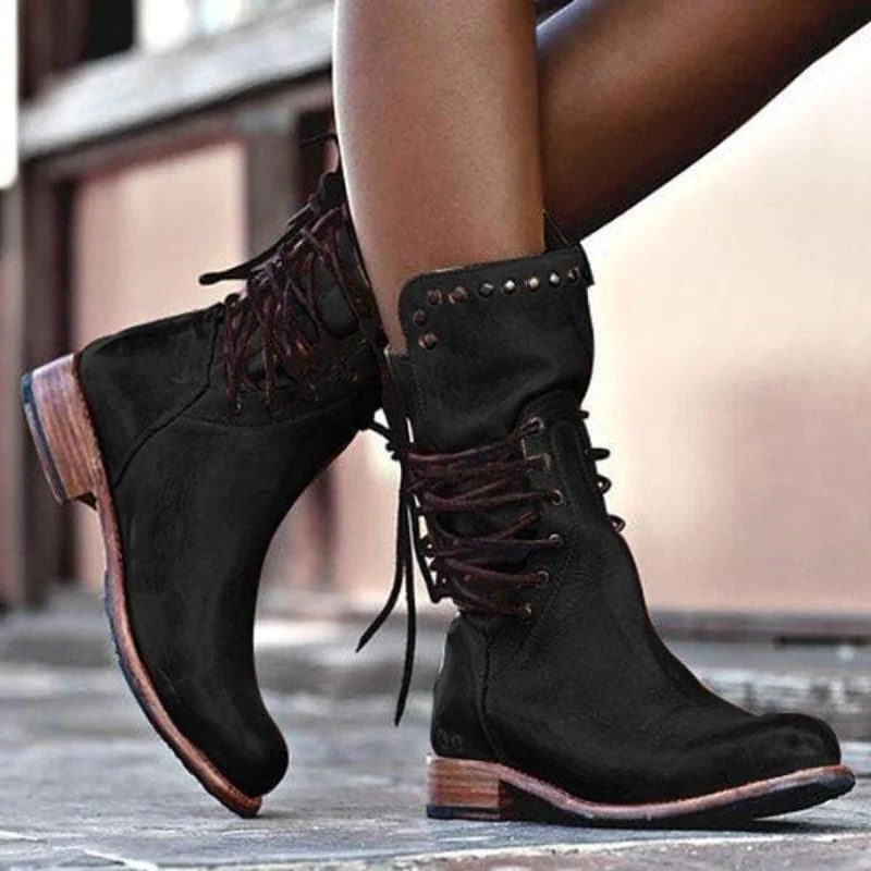 Studded Cuff Lace-Up Leather Ankle Boots with Block Heel for Women - Black