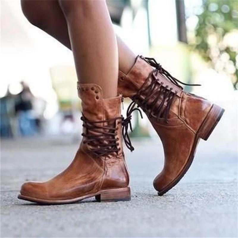 Studded Cuff Lace-Up Leather Ankle Boots with Block Heel for Women - View 4