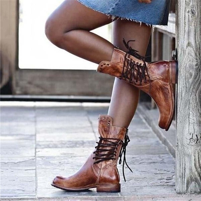 Studded Cuff Lace-Up Leather Ankle Boots with Block Heel for Women - View 5
