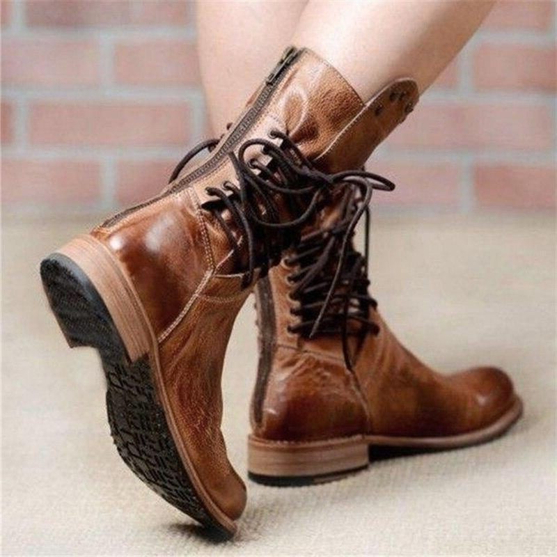 Studded Cuff Lace-Up Leather Ankle Boots with Block Heel for Women - View 6