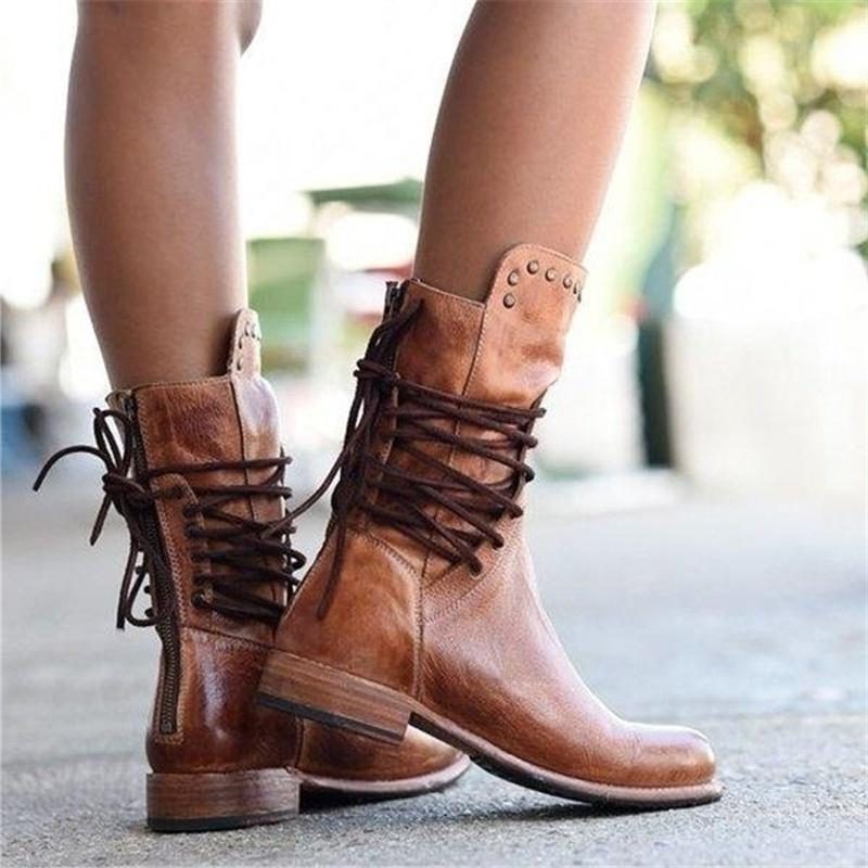 Studded Cuff Lace-Up Leather Ankle Boots with Block Heel for Women - View 7