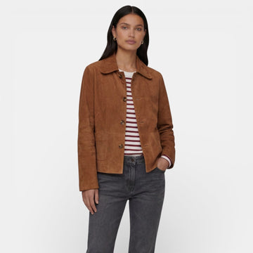 Suede Button-Down Jacket with Welt Pockets for Women