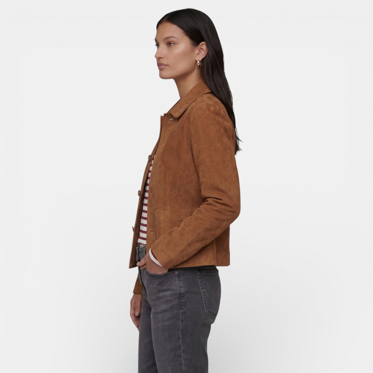 Suede Button-Down Jacket with Welt Pockets for Women - View 2