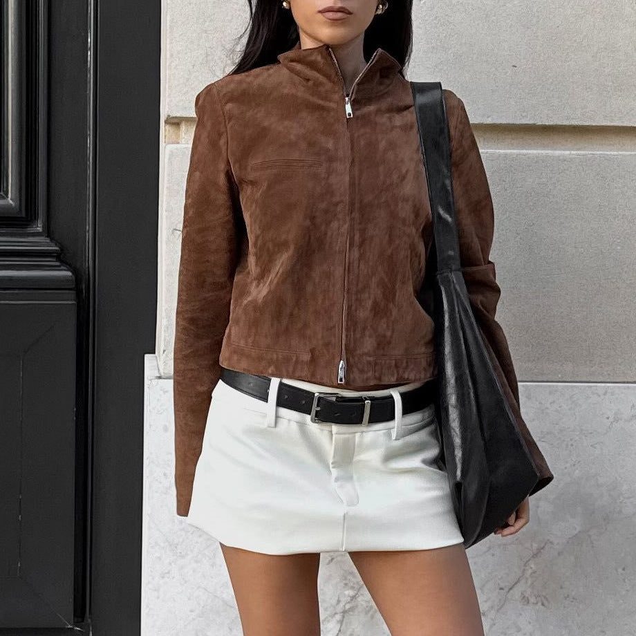 Suede Cropped Jacket with Stand Collar for Women