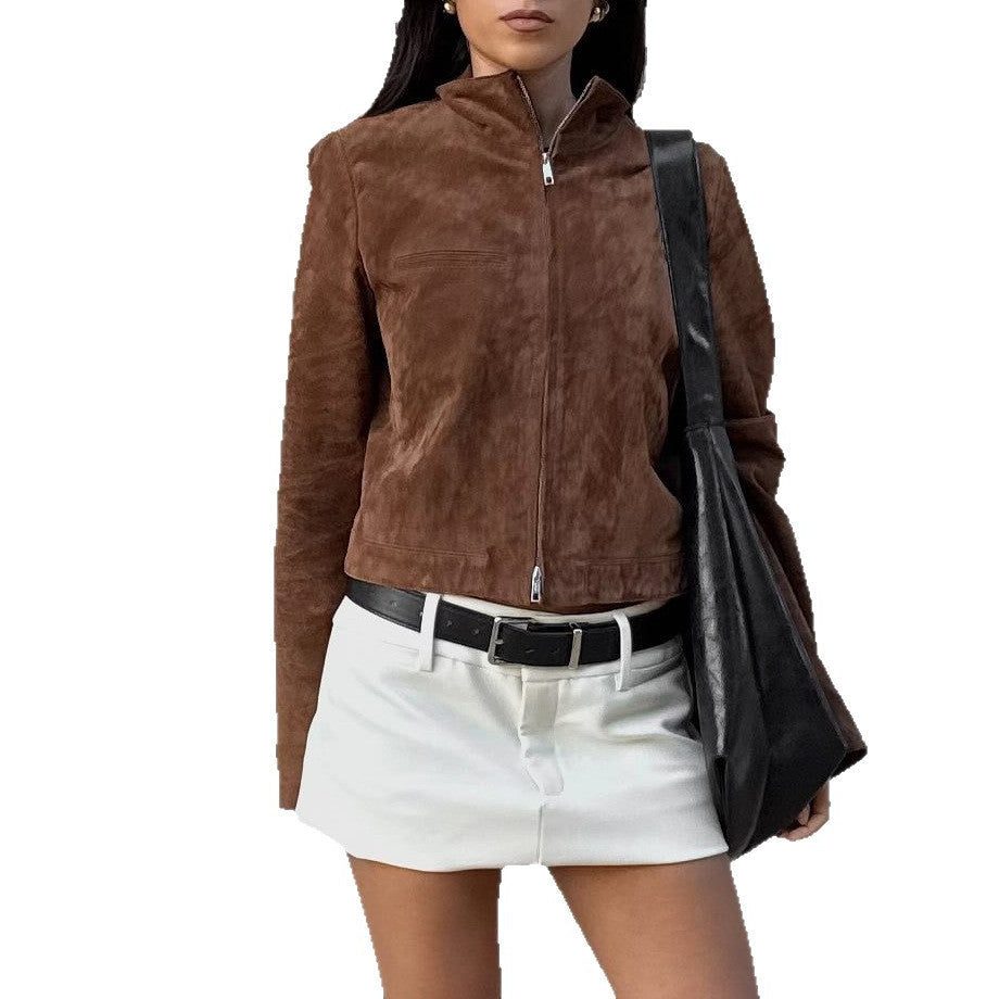 Suede Cropped Jacket with Stand Collar for Women - View 2