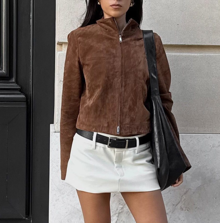 Suede Cropped Jacket with Stand Collar for Women - Braun