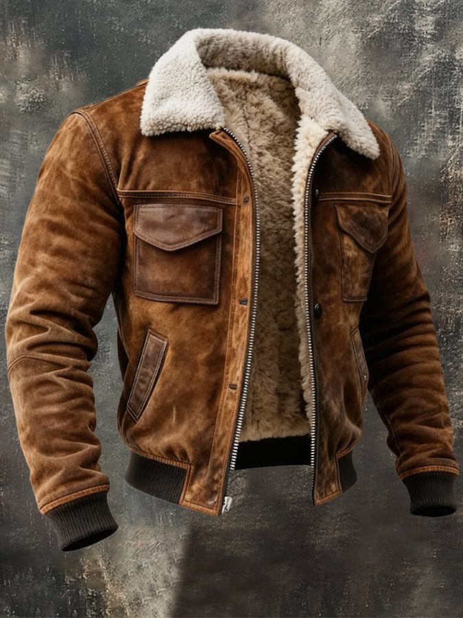 Suede Fleece-Lined Bomber Jacket for Men
