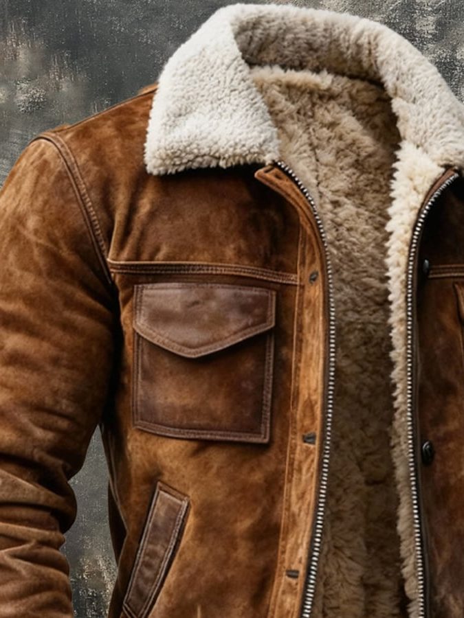 Suede Fleece-Lined Bomber Jacket for Men - View 3