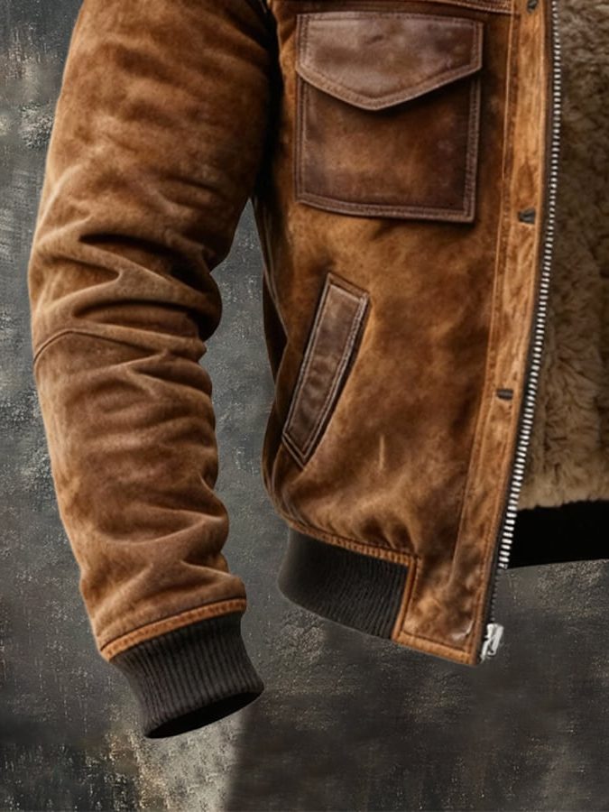 Suede Fleece-Lined Bomber Jacket for Men - View 4