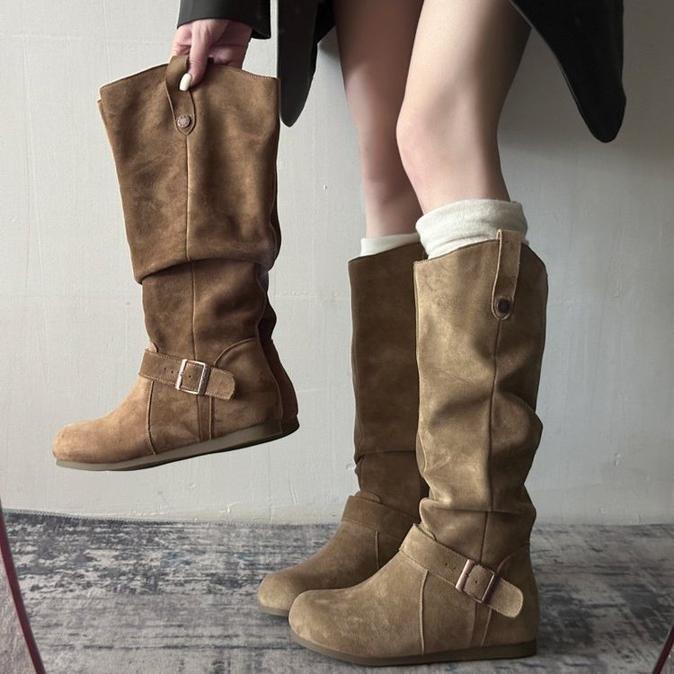 Suede Knee High Boots with Buckle Strap for Women - Khaki