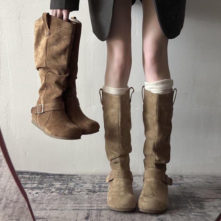 Suede Knee High Boots with Buckle Strap for Women