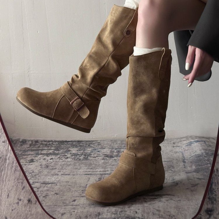 Suede Knee High Boots with Buckle Strap for Women - Brown
