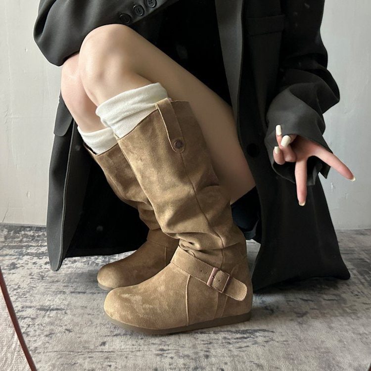 Suede Knee High Boots with Buckle Strap for Women