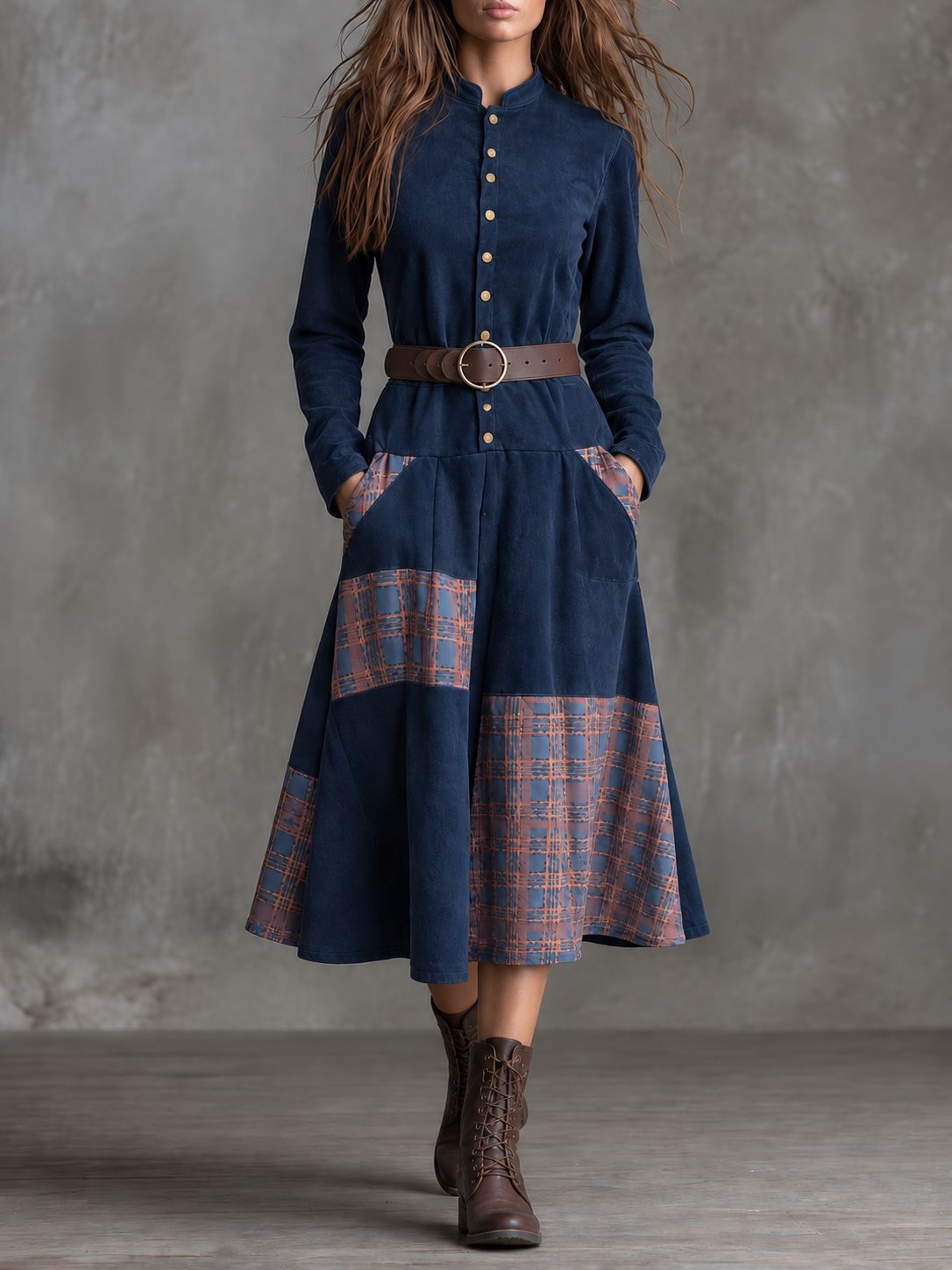 Suede-Look Belted Midi Dress with Tartan Panels for Women