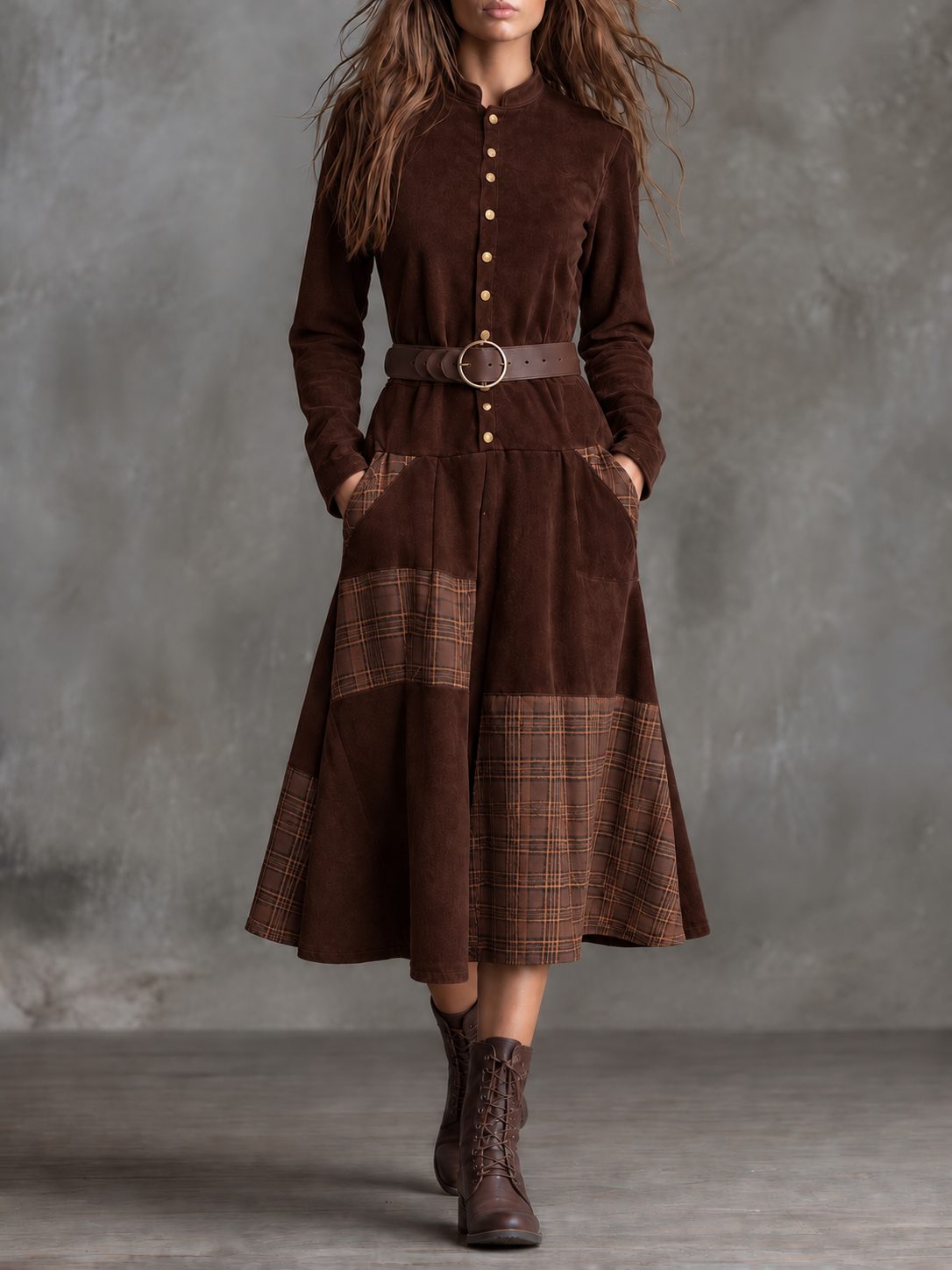 Suede-Look Belted Midi Dress with Tartan Panels for Women