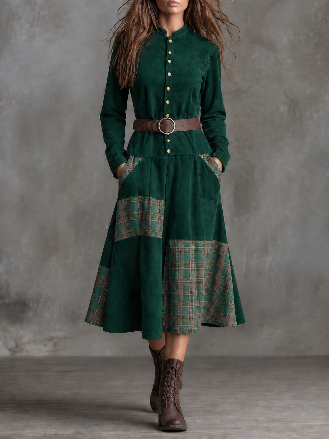 Suede-Look Belted Midi Dress with Tartan Panels for Women - Green