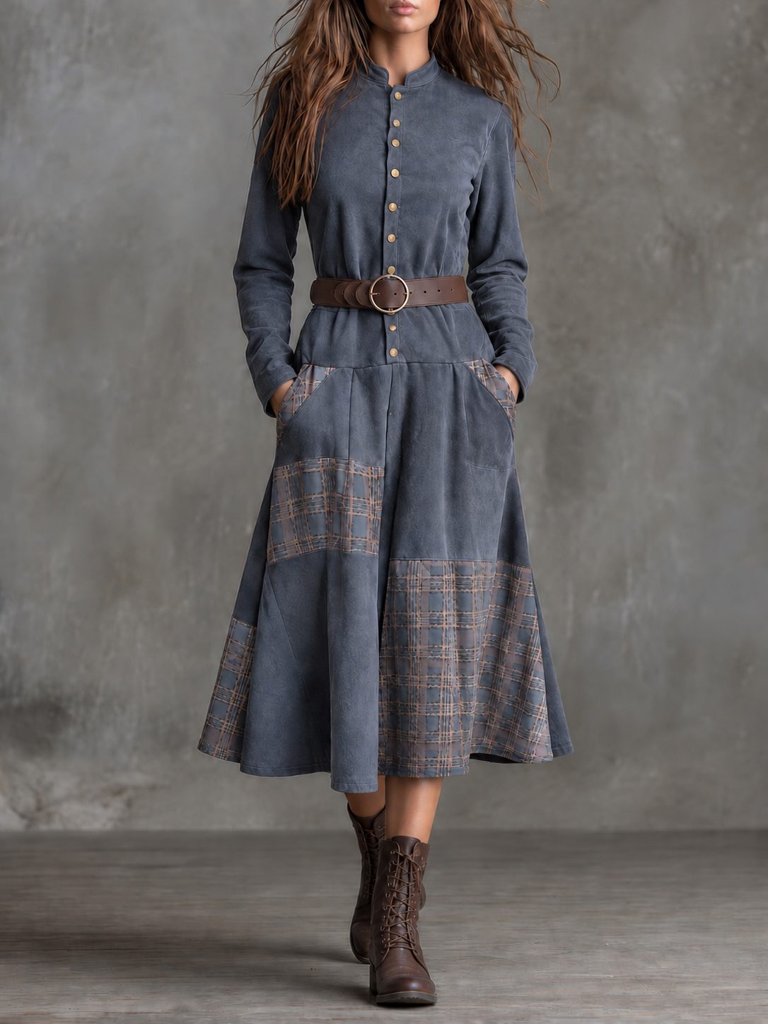 Suede-Look Belted Midi Dress with Tartan Panels for Women - Grey
