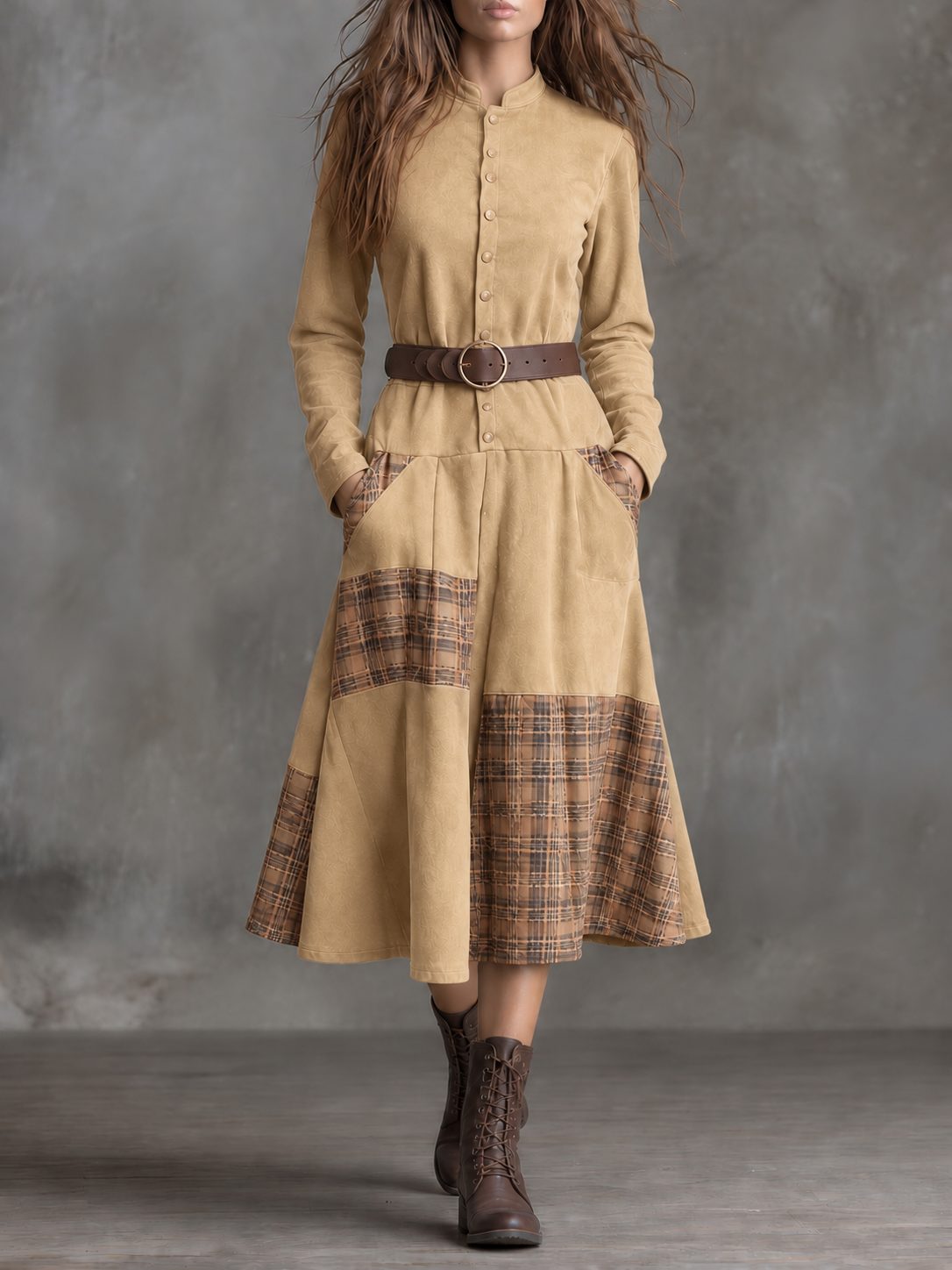 Suede-Look Belted Midi Dress with Tartan Panels for Women - Khaki