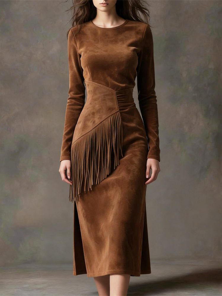 Suede Midi Dress with Fringe Belt for Women