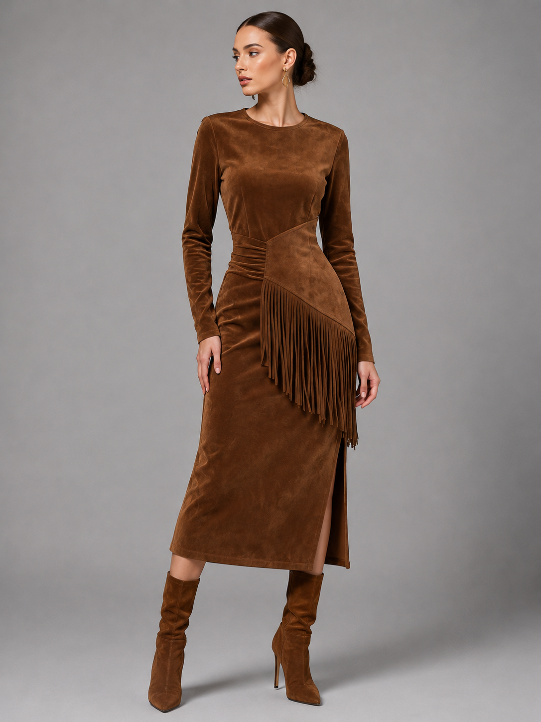 Suede Midi Dress with Fringe Belt for Women