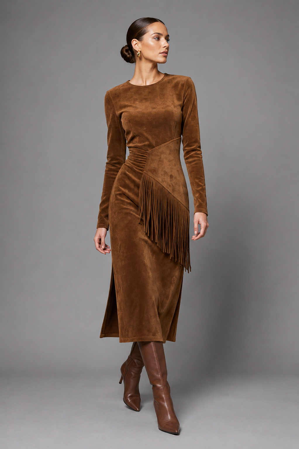 Suede Midi Dress with Fringe Belt for Women