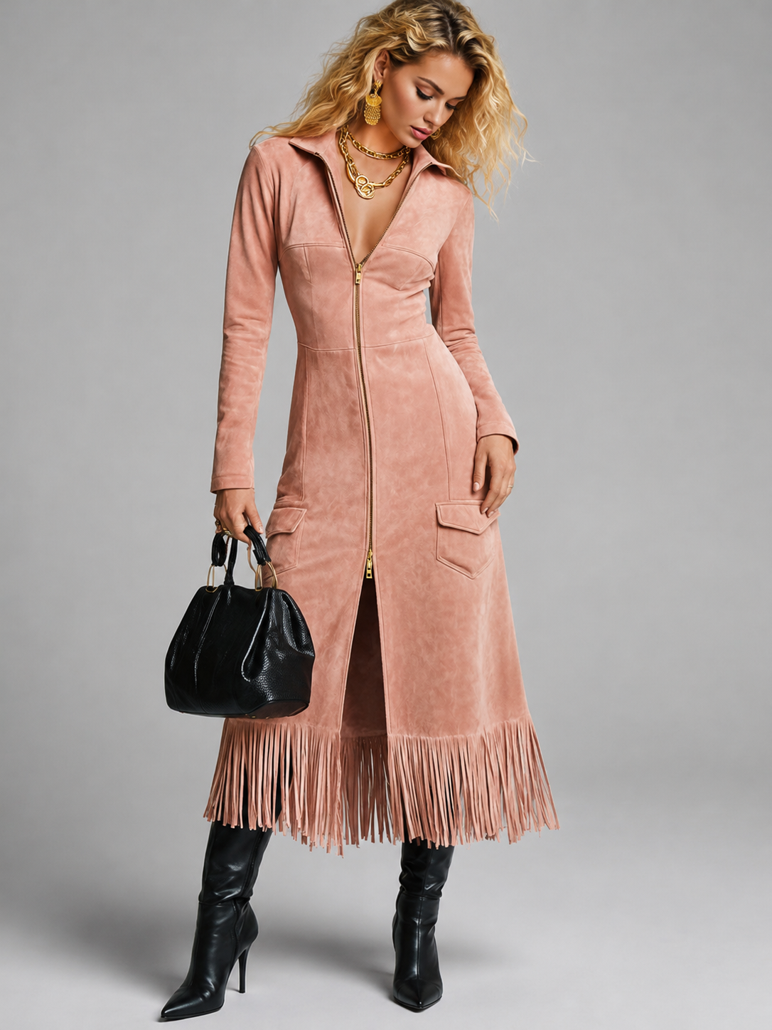 Suede Midi Dress with Fringe Hem and Zip-Up Front for Women