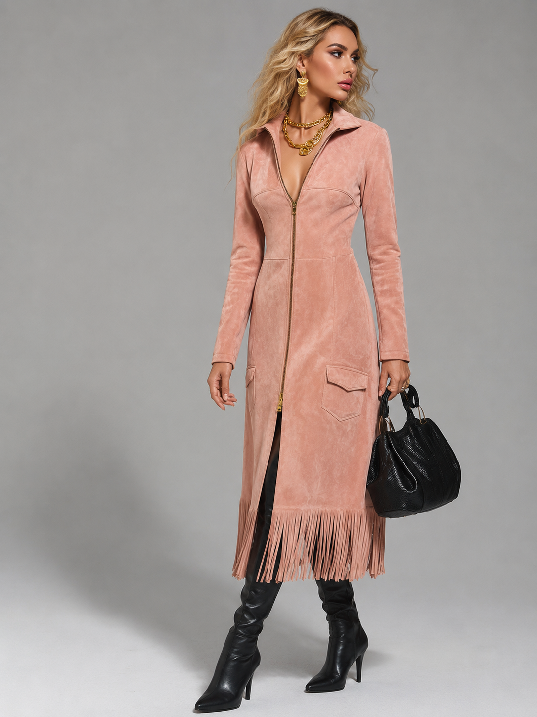 Suede Midi Dress with Fringe Hem and Zip-Up Front for Women