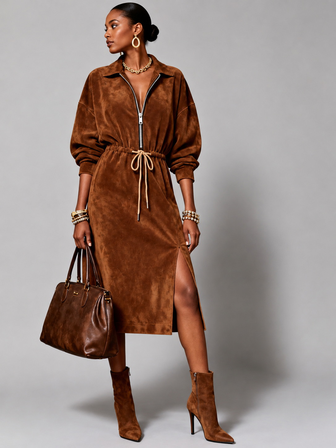 Suede Zip-Up Midi Shirt Dress for Women