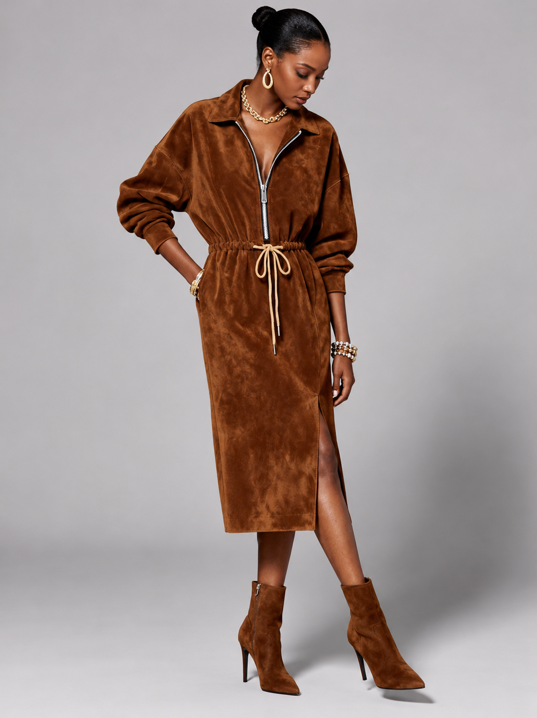 Suede Midi Shirt Dress with Zip-Up Front for Women