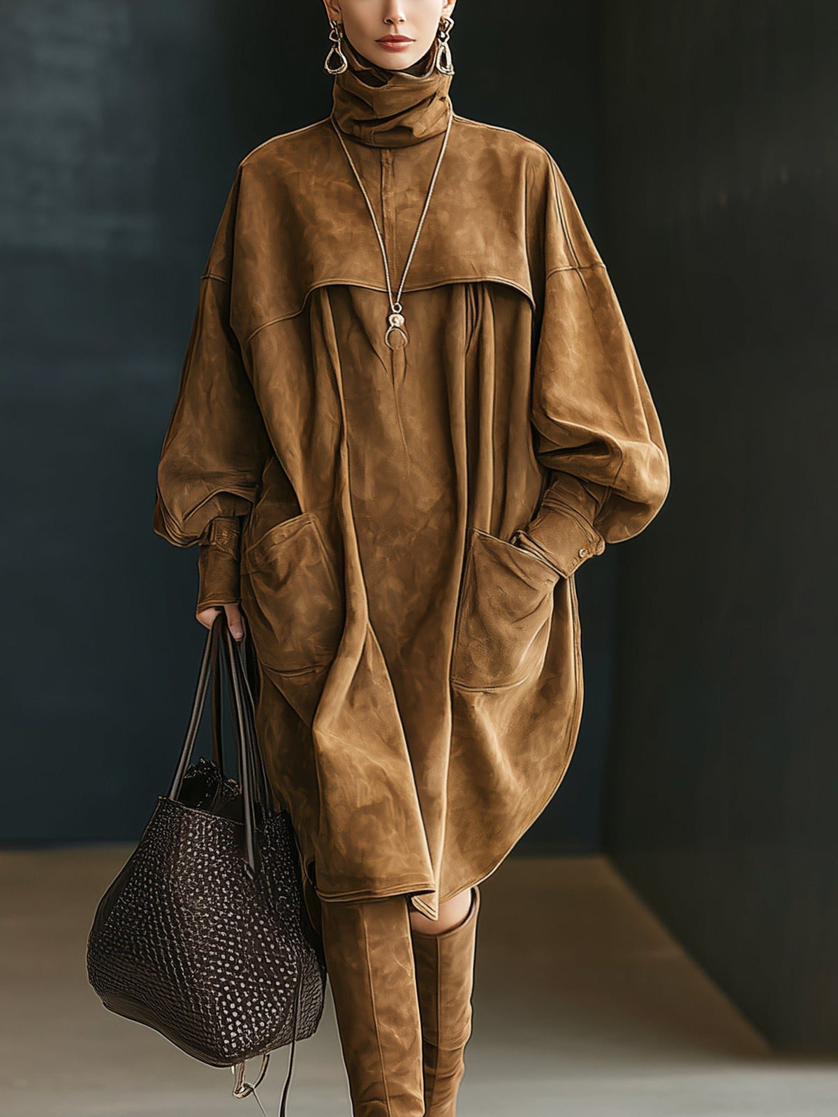 Suede Oversized Shirt Dress for Women