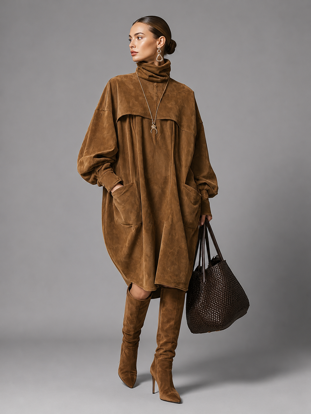 Suede Oversized Shirt Dress for Women