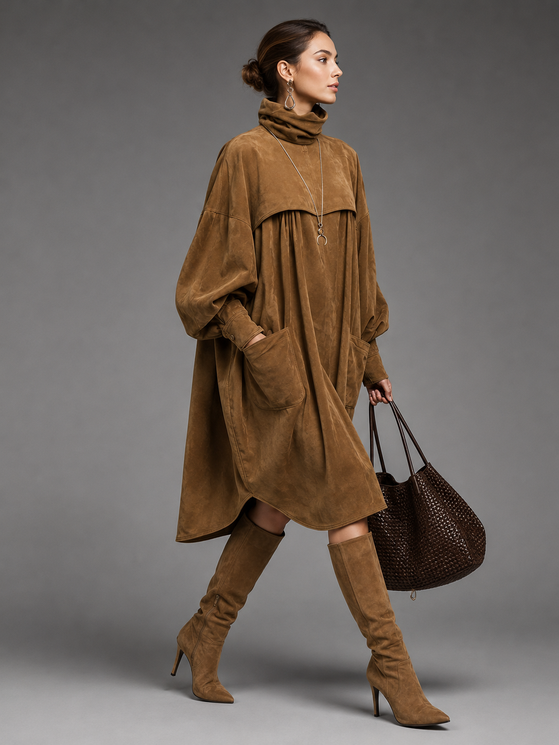 Suede Oversized Shirt Dress for Women