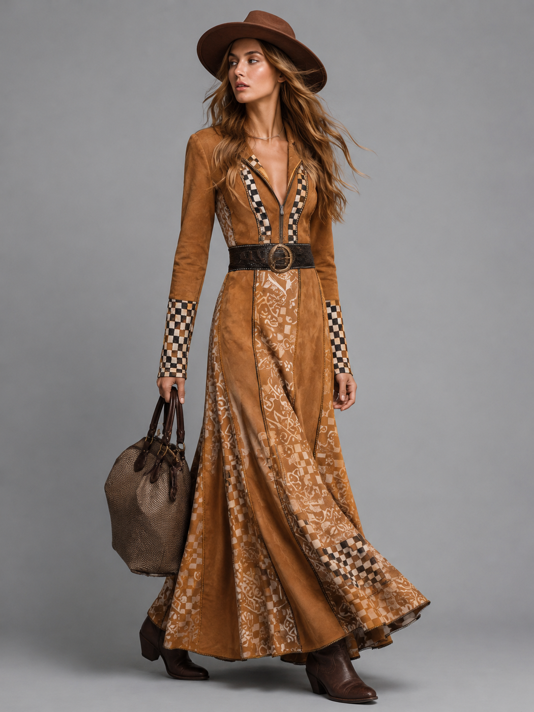 Suede Maxi Wrap Dress with Checkered Trim for Women
